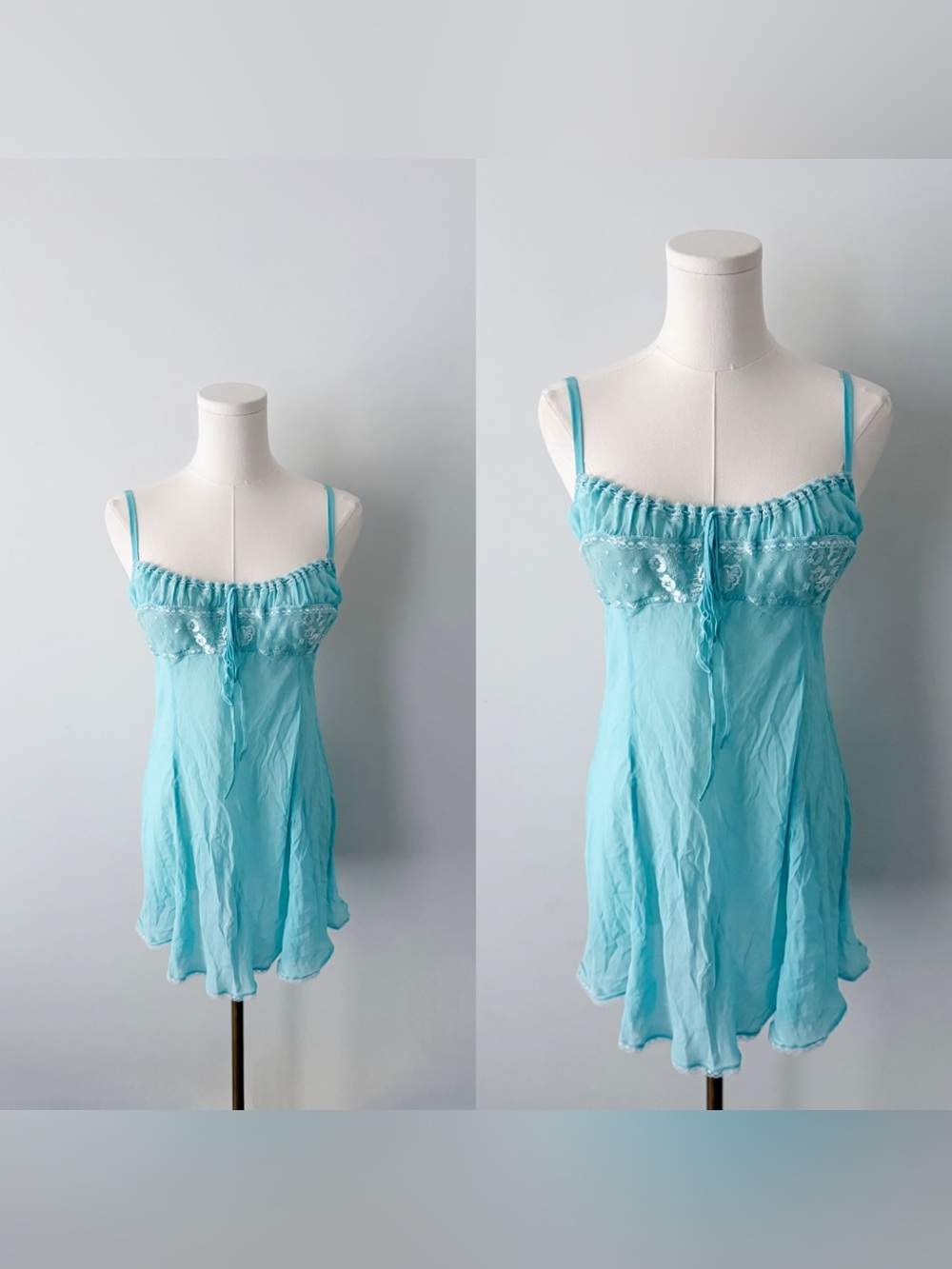 2002 Victoria’s Secret blue 100% silk mini milkmaid slip dress